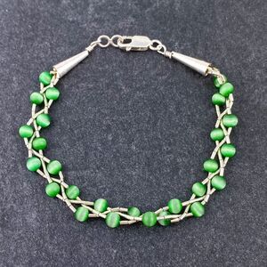 Sterling Liquid Silver 925 Cone Braided Green Synthetic Cat's Eye Bracelet 7"